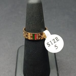 Love Ring Size 5 Gold Ring with Green and Red Accents